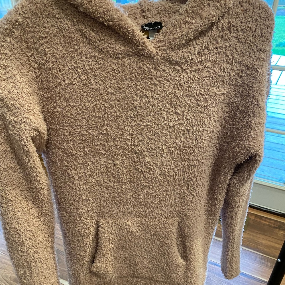 soft peach color hooded fuzzy and cozy sweater